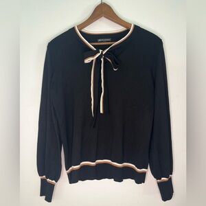 Adrianna Papell Double Tip Tie Neck Sweater Black with Caramel/Off White Size M
